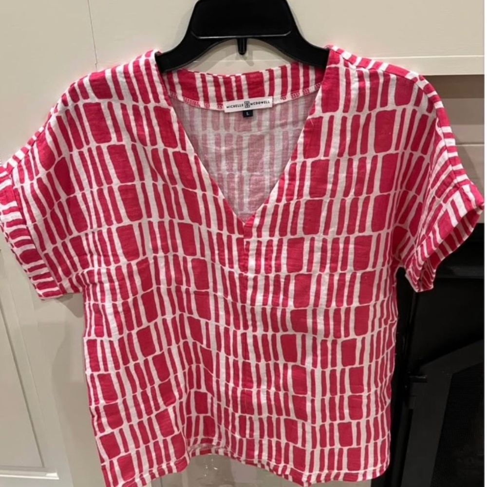 Michelle McDowell pink and white top size large-24” long-21” across